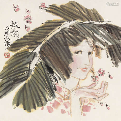 林墉 戊辰（1988）年作 春雨 镜片 设色纸本