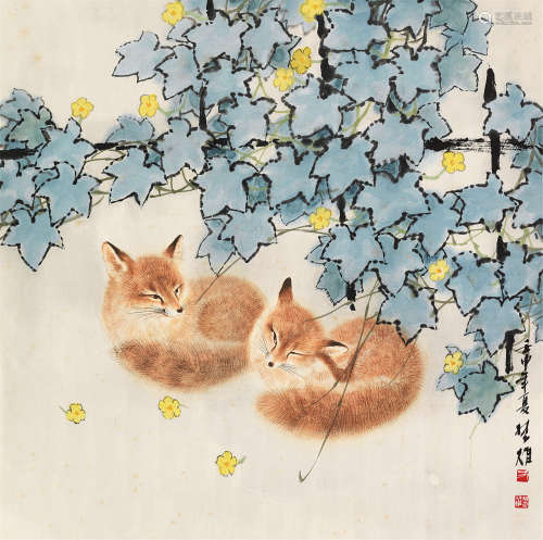 方楚雄 壬申（1992）年作 狐狸 立轴 设色纸本