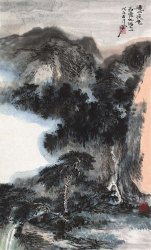 吴灏 戊午（1978）年作 秋山夜色 镜片 设色纸本