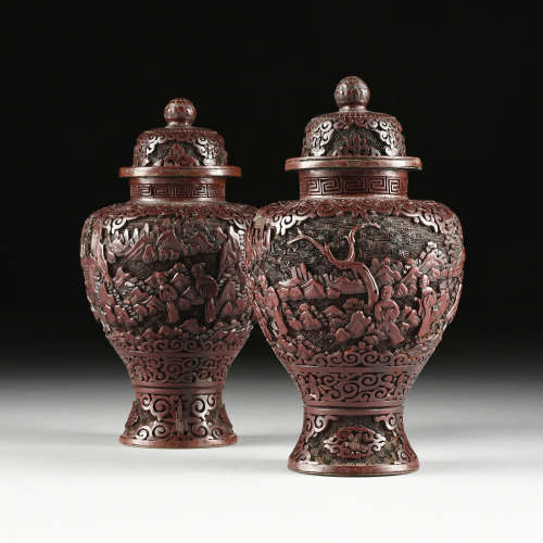 A PAIR OF VINTAGE CHINESE CARVED CINNABAR LACQUER LIDDED GINGER JARS, PROBABLY REPUBLIC PERIOD (