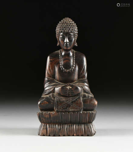 A VINTAGE ROSEWOOD BUDDHA, MID 20TH CENTURY, domed, curled hairs, over a serene, joyful face,