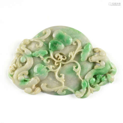 A CHINESE CARVED CELADON AND APPLE GREEN JADEITE QILONS BI DISC PENDANT, 20TH CENTURY, of