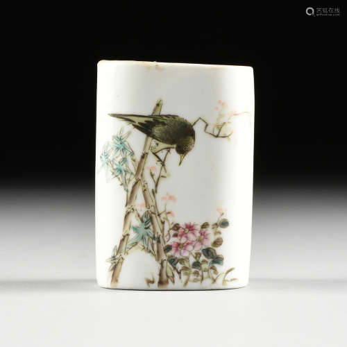 A QING DYNASTY (1644-1912) POLYCHROME PAINTED PILLOW FORM PORCELAIN BRUSH POT, CHINESE, GUANGXU