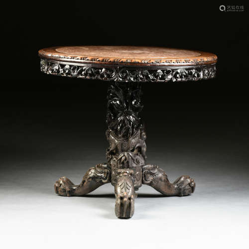 A CHINESE EXPORT MARBLE TOP BLACK LACQUERED HONGMU BREAKFAST TABLE, LATE QING DYNASTY (1644-1912),