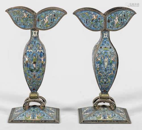 Paar dekorative Cloisonné Tischlampenfüße Silber, …