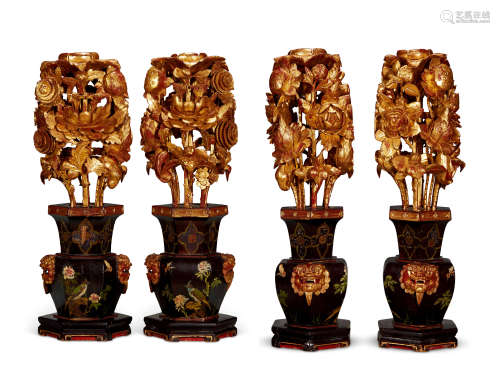 清 金漆木雕龛前六棱形花瓶 (一对)