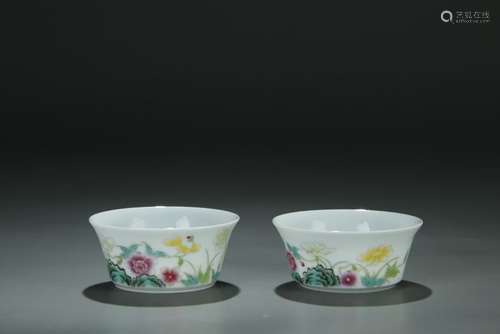 Superb handpainted famille rose floral cups, marked