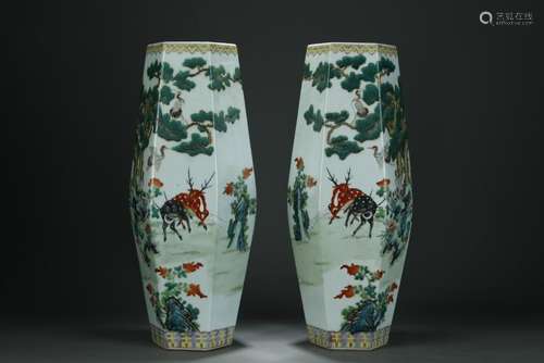 19/20th C. pair famille rose hexagon vases, deers