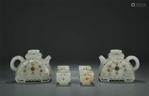 x6 gemstone inlaid white jade tea service