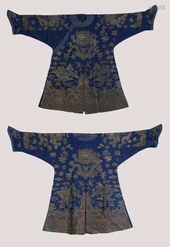 19th C. blue ground silk embroidered dragon robe