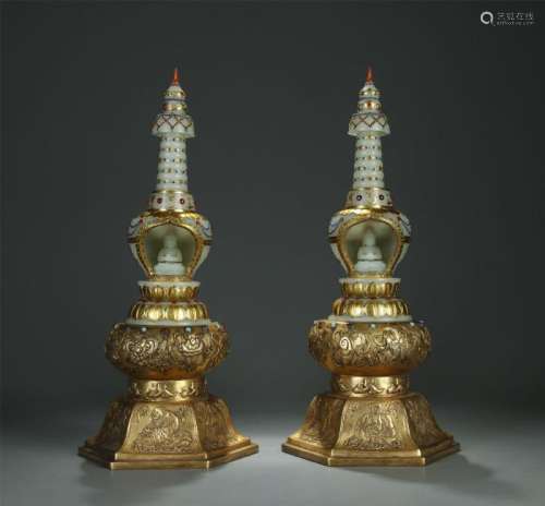 Large pair white jade carved shrines with gilt bronze