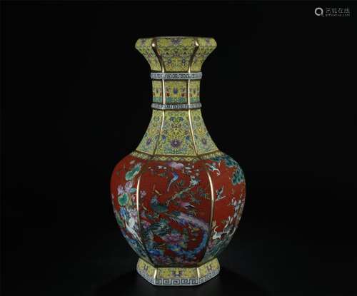 19/20th C. nice enamel painted wucai vase/phoenix