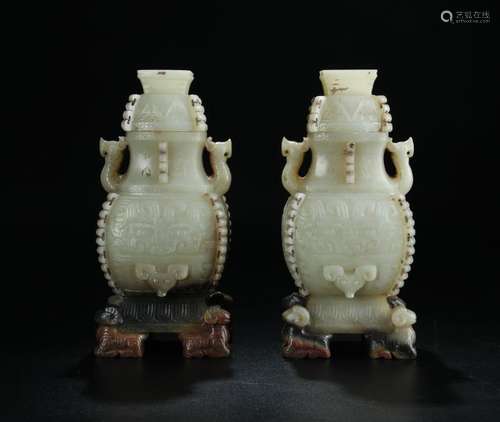 Superb pair white jade carved covered urn vases