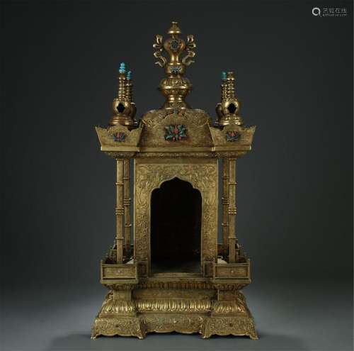 Superb gilt bronze shrine; Tibet, large size