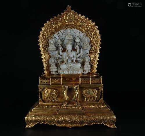 Superb gilt bronze mounted white jade carved Guanying