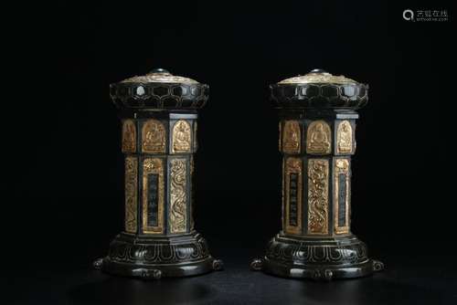 19th C. pair partial gilt bronze pagodas