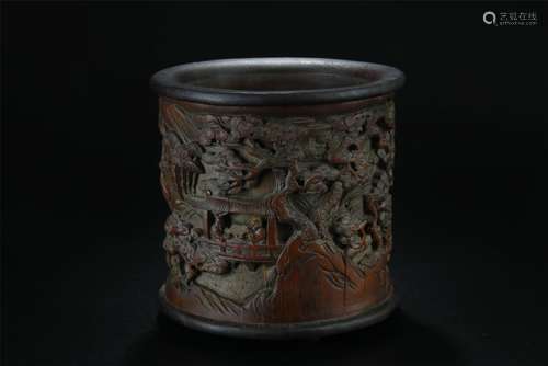 Superb bamboo carved pen-holder; Republic period