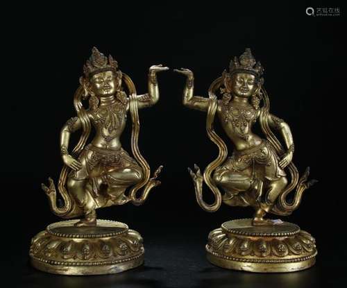 Antique pair gilt bronze figure of dancing Guanyings