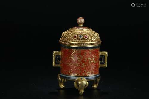 19th C. iron red gilt dragons tripot burner