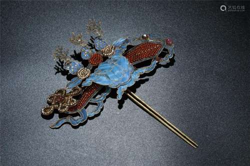 Late 19/20th C. gilt silver/kingfisher hairpin, coral,