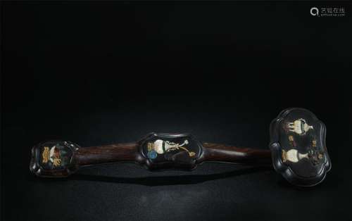 19th C. gemstones inlaid hardwood Ruyi scepter