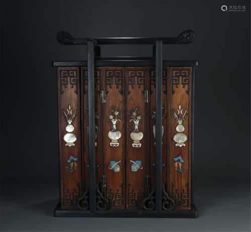 Superb large gemstones inlaid Huali wood cabinet