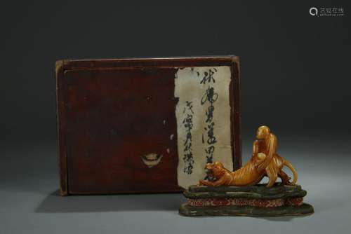 19/20th C. Tianhuang stone carved Lohan/tiger figure