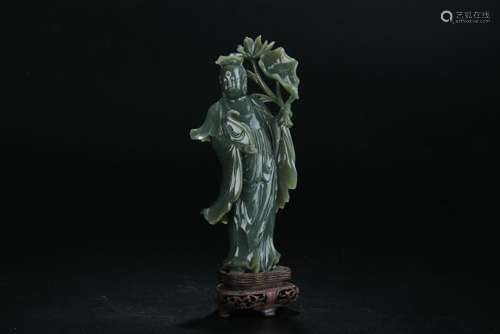 Late 19th C. spinach green jade carved Guanying figure