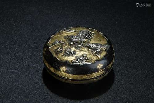 18/19th C. silver inlaid gilt bronze ink box