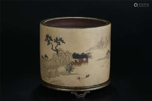 Rare 19th C. hand painted zisha brush pot