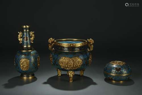 19/20th C. gilt bronze/enamel cloisonne table specimens