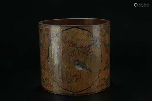 Early 20th C. hand painted lacquer brush pot