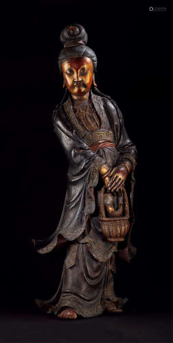 十八世纪 木雕髹漆提篮观音像