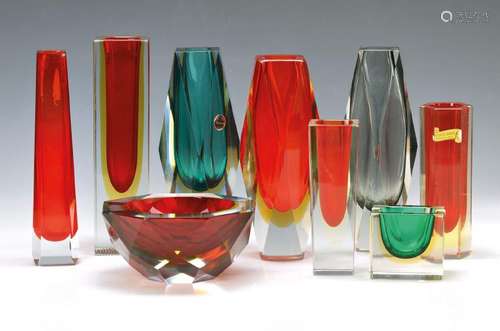 9 parts Murano-glass, 1970s, mostly Bi-Color glass