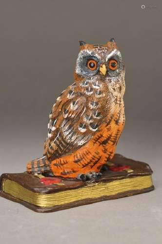 Vienna Bronze, 20th c., owl on book sitting, painted