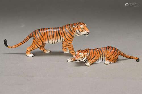 two Vienna Bronzes, 20th c., two Tigers, painted, L