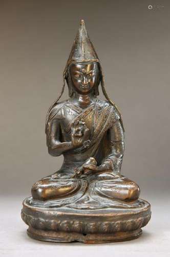 Tsongkhapa, Tibet, 20th c., Bronze, brown aeruginous