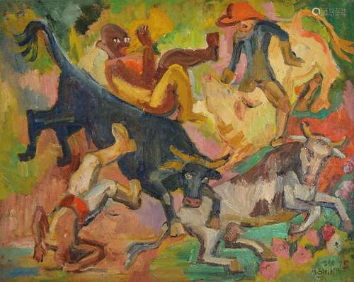 Marie Strieffler, 1917-1987 Landau, Bulls and Men, oil