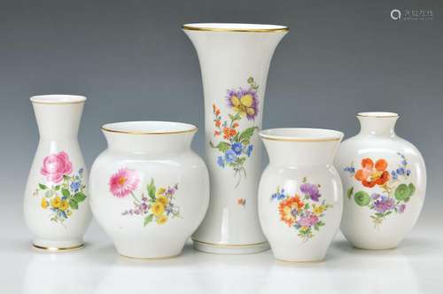 5 vases, Meissen, 20th c., 2. choice, painted in bright