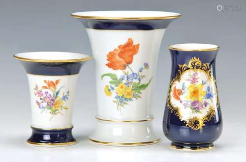 3 vases, Meissen, 2. H. 20. th c., 1 of 2. choice, rich