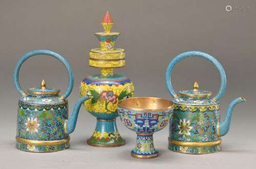 4 Cloisonne-vessels, China, 20th c