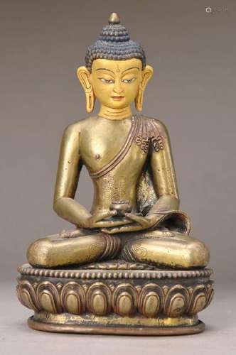 Buddha, Tibet, 20th c., Bronze, aeruginous, partially