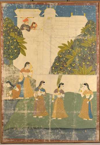 wall picture, India, 19.th c., oil on canvas, garden