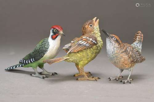 three Vienna Bronzes, 20th c., three birds, painted