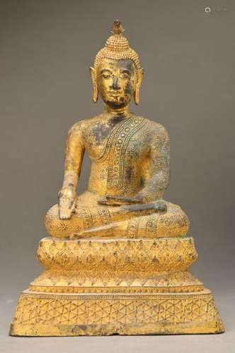 Buddha, Thailand, 19.th c., Bronze, gilt, on lotus