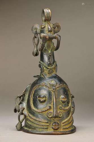 ceremonial bell, Ghana, 1950s, Bronze, appliedcord