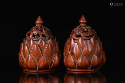 A PAIR OF HUANGYANG WOOD LOTUS CENSER