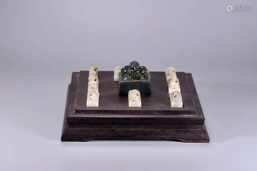 A SET OF TEN HETIAN JADE SEAL WITH JASPER DRAGON SEAL AND ZITAN WOOD BOX