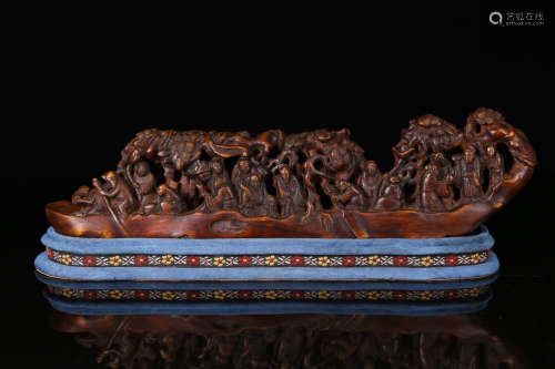 A CHENXIANG WOOD CHARACTER STORY BOAT SHAPE ORNAMENT