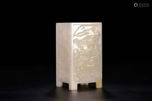 A HETIAN JADE SQUARE SHAPED PEN HOLDER CRAVED WITH CHARACTER STORY DESIGN